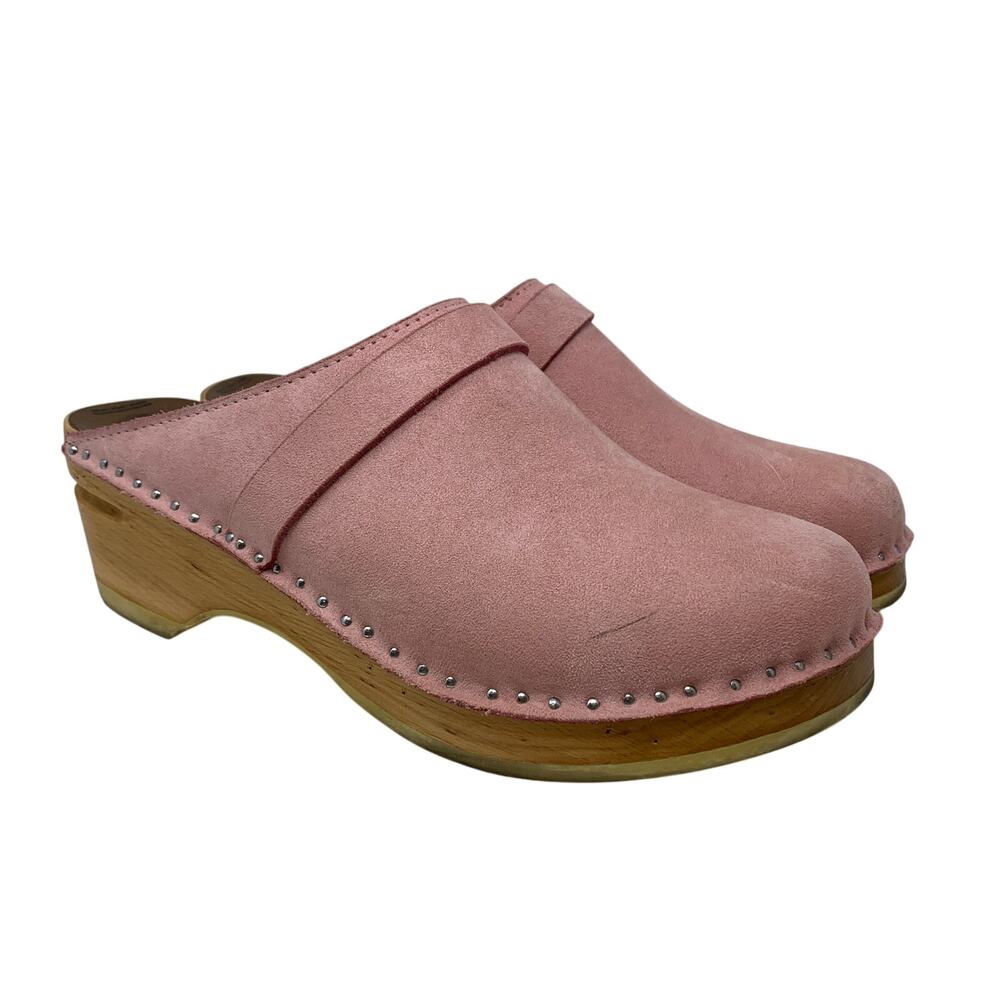 Troentorp Swedish Wooden Heeled Clogs Womens Size 39 US 9 Light Pink Suede